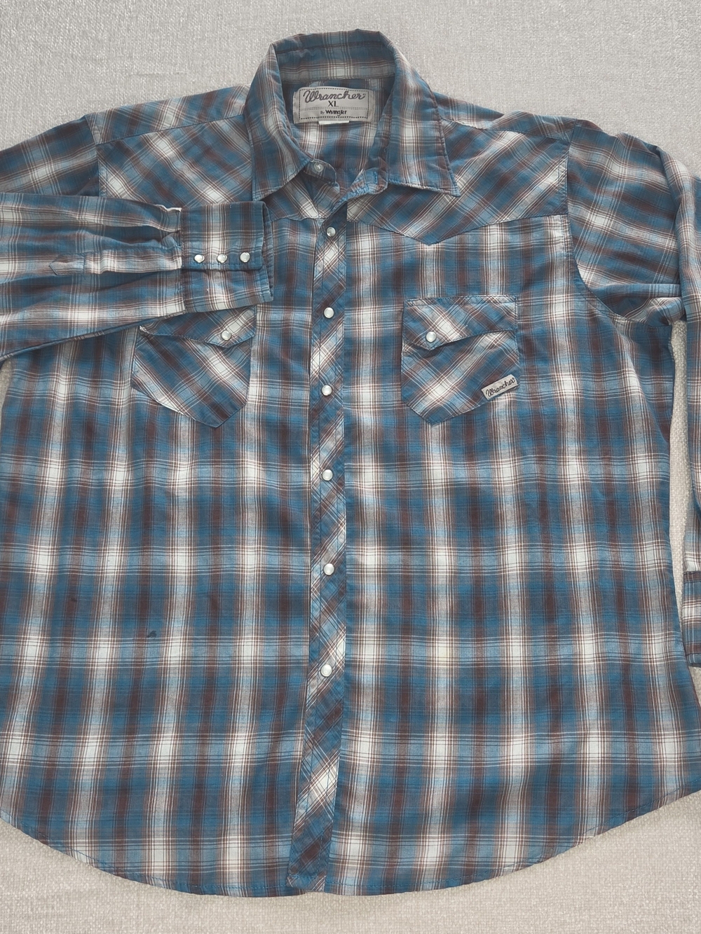 Wrangler Wrancher Western Plaid Pearl Snap Shirt Blue & Brown XL